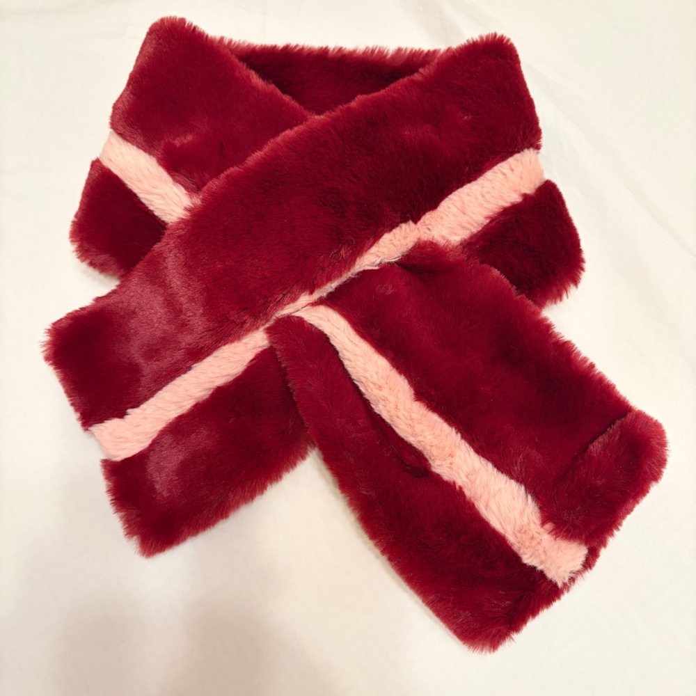 New ANTHRO Colorblock Faux Fur Ascot scarf, burgundy with powder pink, soft cozy